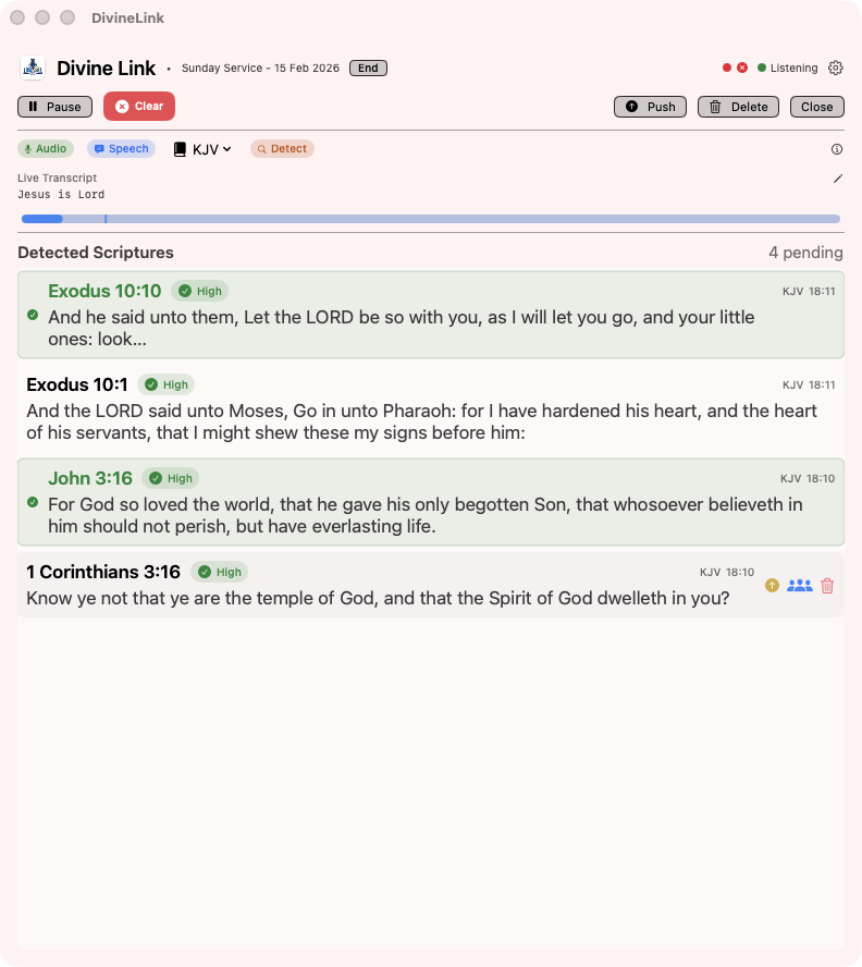 Divine Link listening — microphone active, waiting for scripture